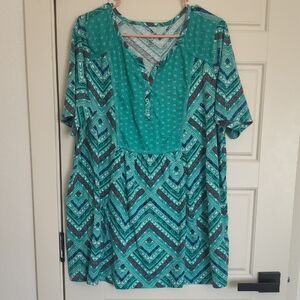 Woman Within Teal and Turquoise Printed Short Sleeve Blouse